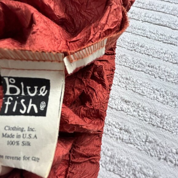 Vintage Blue Fish Shaunting Crushed Silk Skirt Rust Elastic Waist Ruffle - Picture 4 of 8